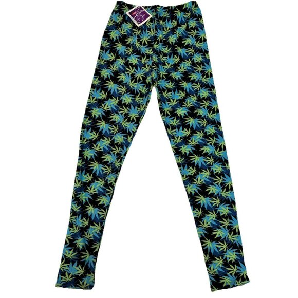 Women’s Buttery Soft Leggings – Black with Green & Blue Cannabis Leaf Print OS - Picture 1 of 2